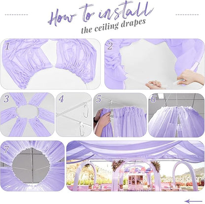 6 Panel Purple Ceiling Drapes for Wedding Arch - 5ft x 30ft Sheer Voile Chiffon Drapery