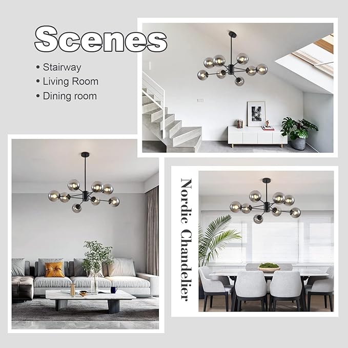 KCO Lighting 8 Lights Modern Sputnik Ceiling Light Fixture Black Globe Chandelier Smoke Gray Glass Chandelier Mid Century Hanging Light Fixture
