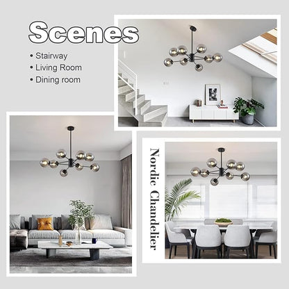KCO Lighting 8 Lights Modern Sputnik Ceiling Light Fixture Black Globe Chandelier Smoke Gray Glass Chandelier Mid Century Hanging Light Fixture
