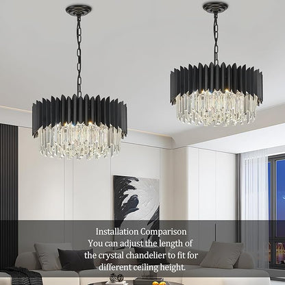 Black Crystal Chandelier 20'' K9 Crystal Round Pendant Lights Adjustable 4-Tier Large Modern Crystal Chandelier 6-Lights for Dining Room Living Room Kitchen Foyer Entryway