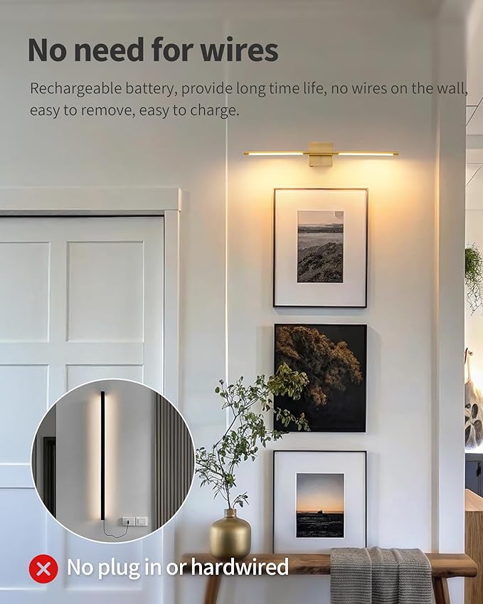 KDG Cordless Wall Sconces Set of 2, Wireless 5200mAh Rechargeable Battery Operated LED Wall Lamps with Remote, 360° Rotate Lightings for Wall Painting, Bedroom, Hallway, Night Light 31.5 inch (Gold)