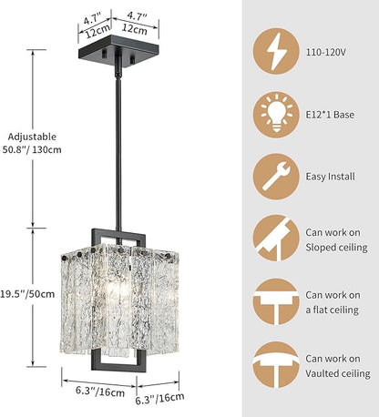 Shrine Lighting Black Chandeliers, Modern Glass Pendnat Light for Dining Room, D6.3''×H19.5'', Adjustable 50.8'', 1 x E12 Sockets, Glass LampShade & Black Finish Frame