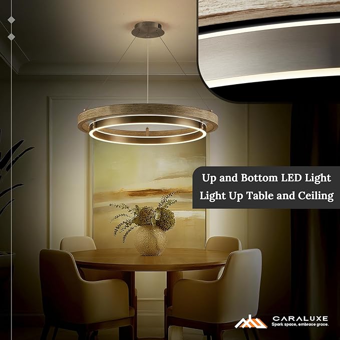 LED 2 Ring Chandelier Dimmable Up Down Light Nickel Chandelier Round Foyer Chandeliers Light Weathered Wood Circular Chandeliers for Dining Room Entry Bedroom Office Living Room