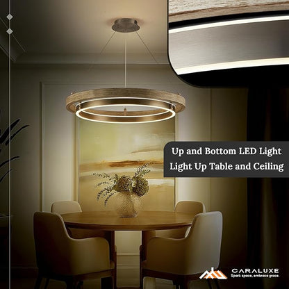 LED 2 Ring Chandelier Dimmable Up Down Light Nickel Chandelier Round Foyer Chandeliers Light Weathered Wood Circular Chandeliers for Dining Room Entry Bedroom Office Living Room