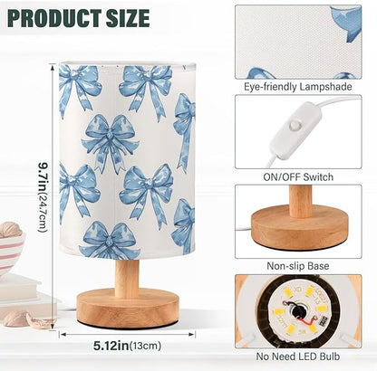 Bedside Table Lamp Blue Bows Printed Nightstand Lamp with Wood Desk Lamps for Bedroom Living Room Nursery Office Home Decor