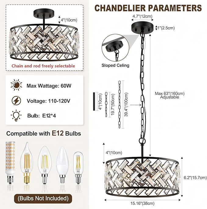 Black Crystal Chandelier, 4-Light Morden Dining Room Light Fixture,15.16" Round Semi Flush Mount Chandeliers for Kitchen Foryer Entryway Hallway Living Room Bedroom (ETL Listed)