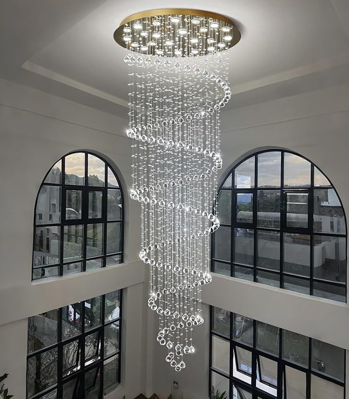 HAIXIANG W47 x H118 High Ceiling Chandelier with LED Bulbs Dimmable Long Light Glam Chandeliers Crystal Pendants Light Fixtures for Foyer Entryway Living Room Stair Gold