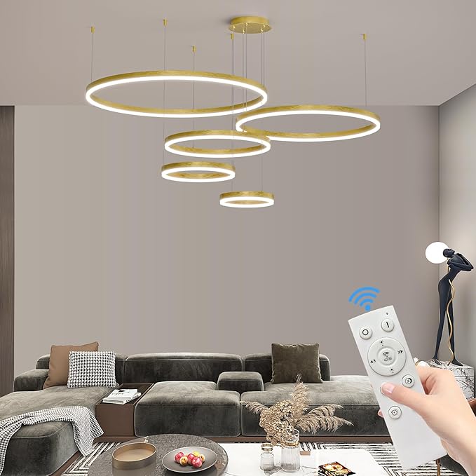 Mikeru Modern 5 Ring Chandelier Light, LED Pendant Light Fixtures with Remote Control 3000k-6500K Adjustable Color Temperature Light for Living Room, Kitchen