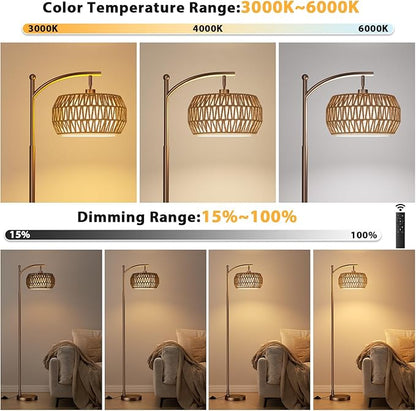 Ambimall Arc Floor Lamp for Living Room with Remote, Color Temperature & Brightness Adjustable, Bohemia Standing Lamp with Rattan & Fabric Double Drum Shades, Bulb Included(Brown)