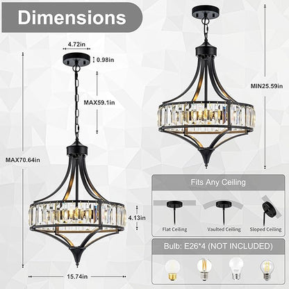 Black Crystal Chandeliers for Dining Room, 15.7" Modern Farmhouse Foyer Chandelier for Entryway, 4-Light Pendant Light Fixtures Over Table for Kitchen Island Bathroom Living Room Bedroom