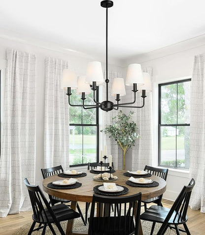 6-Light Black Pendant Chandelier with Fabric Shades, E12 Base - Farmhouse & Industrial Style for Kitchen, Living Room, Dining Room, or Bedroom Lighting