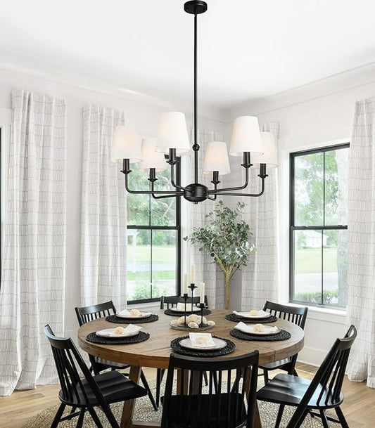 6-Light Black Pendant Chandelier with Fabric Shades, E12 Base - Farmhouse & Industrial Style for Kitchen, Living Room, Dining Room, or Bedroom Lighting