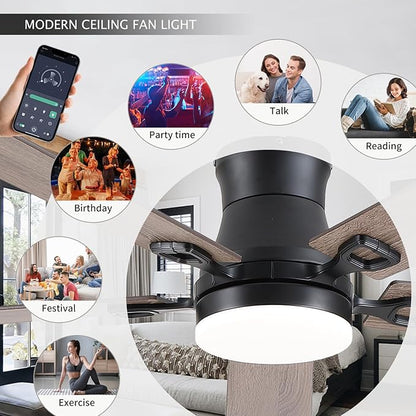 KNUN Ceiling Fans with Lights,52 Inch Low Profile Ceiling Fan with Light and Remote Control,Flush Mount,6 Speeds DC Reversible Motor, 3CCT Dimmable, Noiseless Brown Ceiling Fan for Living Room,Patio