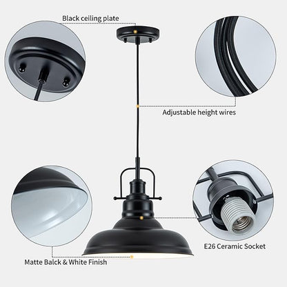 Zlepmlla Famrhouse Pendant Light, Black Pendant Light Fixture with Metal Dome Shade, Adjustable Height Hanging Light for Kitchen Island, Living Room, Bedroom