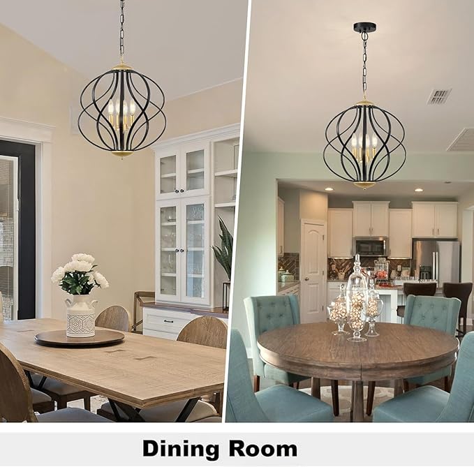 YURNYQ Modern Black and Gold Chandelier for Dining Room, 4 Lights Geometric Chandeliers, Sphere Chandelier Industrial Large Pendant Light Fixtures Hanging for Kitchen, Entryway, Foyer, Stairs