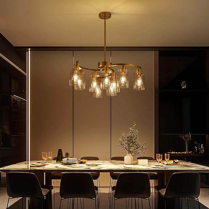 CNRATYE 9-Light Gold Glass Chandelier, Adjustable Height Dining Room Light Fixtures Over Table, Contemporary Hanging Chandelier for Kitchen Island Living Room Foyer Office, Clear Glass Shade