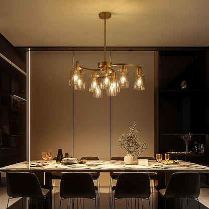 CNRATYE 9-Light Gold Glass Chandelier, Adjustable Height Dining Room Light Fixtures Over Table, Contemporary Hanging Chandelier for Kitchen Island Living Room Foyer Office, Clear Glass Shade