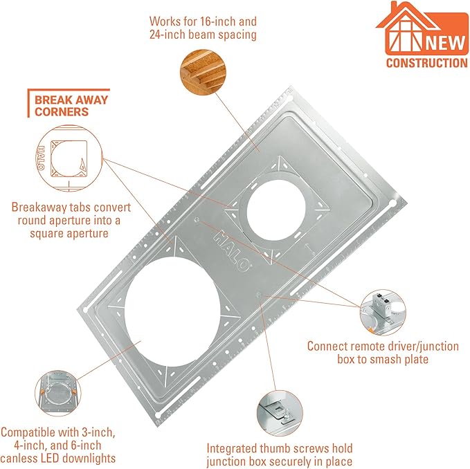 HALO New Construction Rough-in Mounting Smash Plate for 3/4/6 Inch Canless LED Lights, Made of Galvanized Steel, 12-Pack - SP346RS-12PK