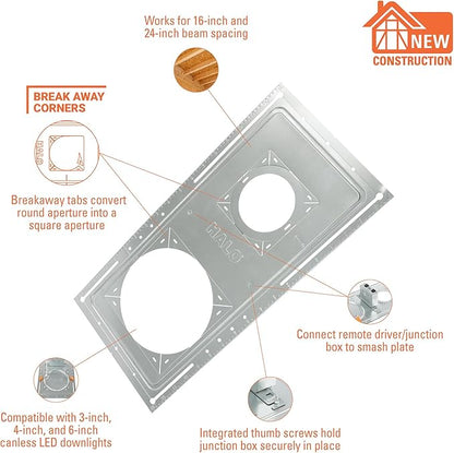 HALO New Construction Rough-in Mounting Smash Plate for 3/4/6 Inch Canless LED Lights, Made of Galvanized Steel, 12-Pack - SP346RS-12PK