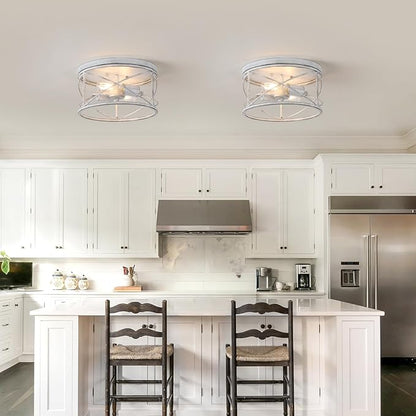 2-Light Flush Mount Distressed White Ceiling Light Fixture, Farmhouse Vintage Industrial Metal Cage, Dimmable for Hallway Kitchen Bedroom Living Room Laundry Utility Room Bathroom Entryway