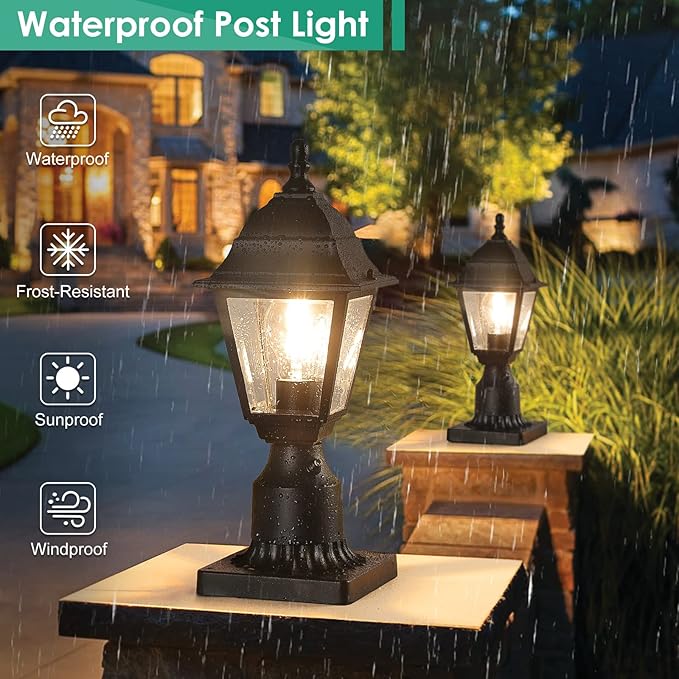 FOLKSMATE Dusk to Dawn Outdoor Post Lights, 2-Pack Large Waterproof Outside Post Lamps with Pier Mount, Exterior Pole Lantern with Clear Glass, Matte Black Light Fixture for Patio, Garden, Walkway