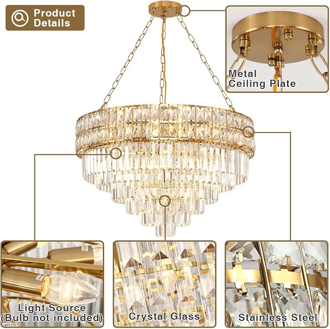 Modern Crystal Chandelier Gold Finish Light Fixture, Round Crystal Pendant Light Hanging Lamp, for Living Room, Dining Room, Restaurant, E12 x 15, Ø29.5 inch
