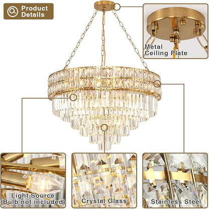 Modern Crystal Chandelier Gold Finish Light Fixture, Round Crystal Pendant Light Hanging Lamp, for Living Room, Dining Room, Restaurant, E12 x 15, Ø29.5 inch