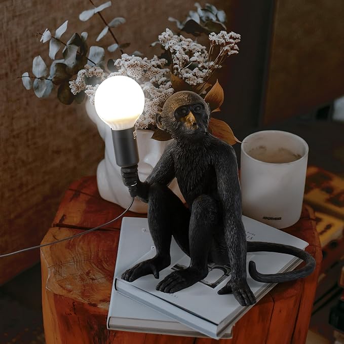 Modern Resin Monkey Wall Lamp Table Lamp Hemp Rope Pendant Light Vintage Monkey Lamp for Home Decor Dining Living Room Bedroom Entryway (Black, Table)