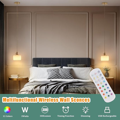 Shenmoyl Battery Operated Pendant Light 5000mAh Rechargeable Chandelier with Remote Control Wireless Adjustable Hanging White Striped Light for Kitchen Island Dining Room Hallway, 2 Pack