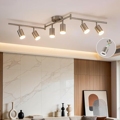 Bojim Track Lighting Fixtures Ceiling Mount for Kitchen, Nickel 6 Way LED Spot Lights Indoor, Flexible Modern Track Light GU10 Socket for Dining Room, Bulbs Not Included