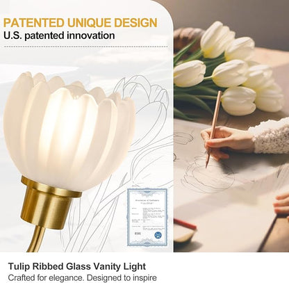 3-Light Bathroom Vanity Light, 20" Brushed Gold Bathroom Light Fixtures with Ribbed Frosted Clear Tulip Glass Shade, Vanity Lighting Fixtures Over Mirror for Bedroom Living Room Hallway