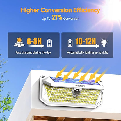 TECKNET 416 LED Solar Powered Outdoor Lights, 300° Angle & 3 Lighting Modes Motion Sensor Light Outdoor, Security Solar Lights Waterproof - 4 Pack, White, Cold Light
