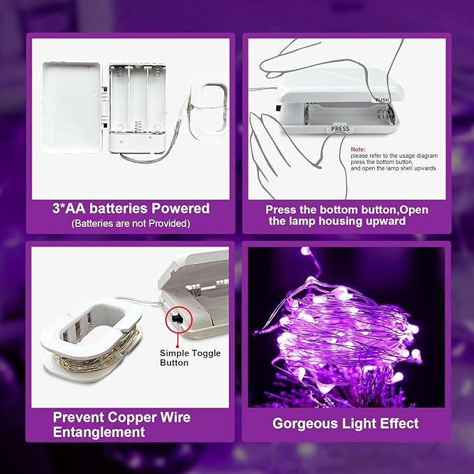 Aogist LED Fairy Lights, 16 ft Battery Operated String Lights with 50 LEDs Firefly Lights for Bedroom DIY Mason Jar Wedding Party Halloween Christmas Festival Decoration (2, Purple)