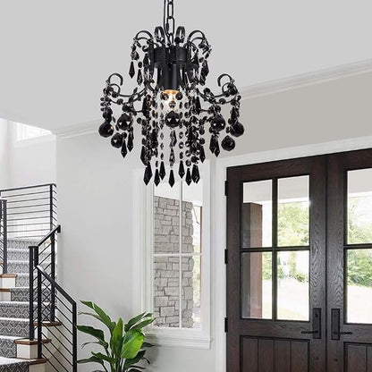 Q&S Mini Crystal Chandelier, Modern Black Small Chandelier 1-Light Crystal Pendant Light Fixture for Princess House Nursery Girls Hallway Entryway Bedroom Foyer Bathroom Kitchen W11.8 UL Listed