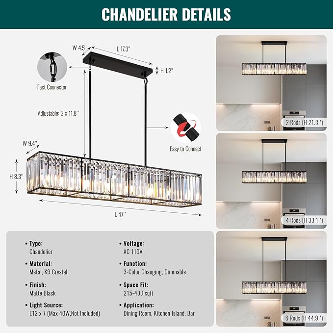 Siljoy Modern Crystal Chandelier for Dining Room, 7 Lights Black Large Rectangular Farmhouse Crystal Chandelier Industrial Rectangle Pendant Ceiling Light for Living Room Kitchen Island Bar L47''