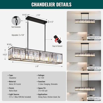 Siljoy Modern Crystal Chandelier for Dining Room, 7 Lights Black Large Rectangular Farmhouse Crystal Chandelier Industrial Rectangle Pendant Ceiling Light for Living Room Kitchen Island Bar L47''