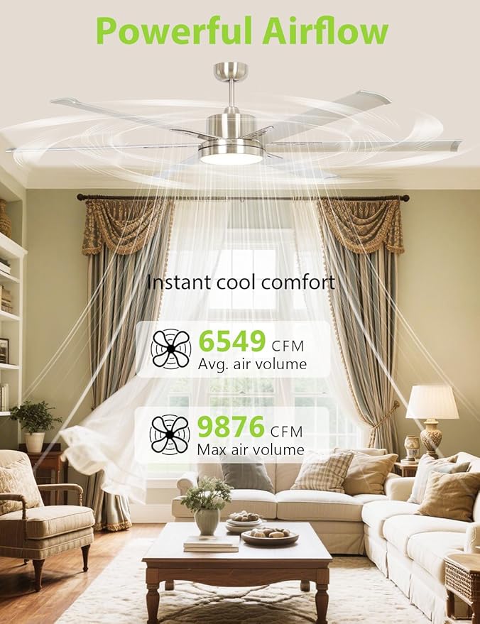 65-Inch DC Motor Ceiling Fan with LED Light, 6 Aluminum Blades, Remote Control, Sand Nickel Finish, 2700K Warm White, Energy Efficient Indoor Ceiling Fan for Living Room & Bedroom