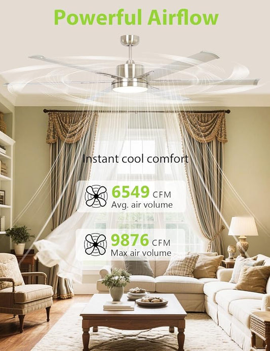 65-Inch DC Motor Ceiling Fan with LED Light, 6 Aluminum Blades, Remote Control, Sand Nickel Finish, 2700K Warm White, Energy Efficient Indoor Ceiling Fan for Living Room & Bedroom