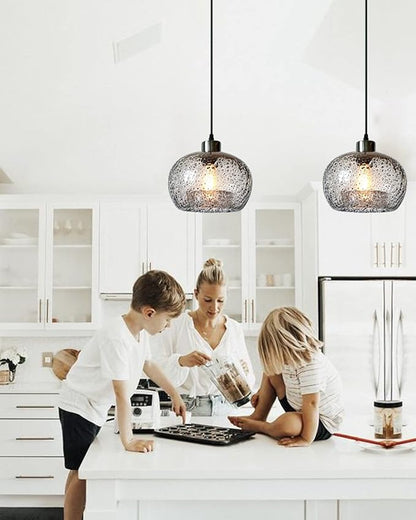 CASAMOTION Hand Blown Clear Glass Pendant Lights with Black Marble, Modern Rustic Kitchen Island Ceiling Hanging Light Fixtures for Dining Room Table Bedroom, Oval Globe 8.7 Inch Diameter, 2 Pack