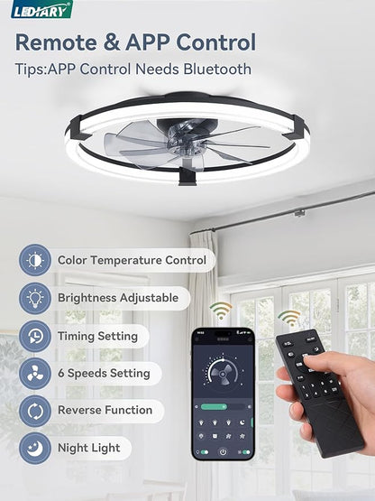 LEDIARY Ceiling Fans with Lights, 23 Inch Low Profile Ceiling Fan with Remote, 6 Speeds, Reversible, Dimmable Flush Mount Fan Light, Modern Fandelier Ceiling Fan with Lights for Bedroom, Black