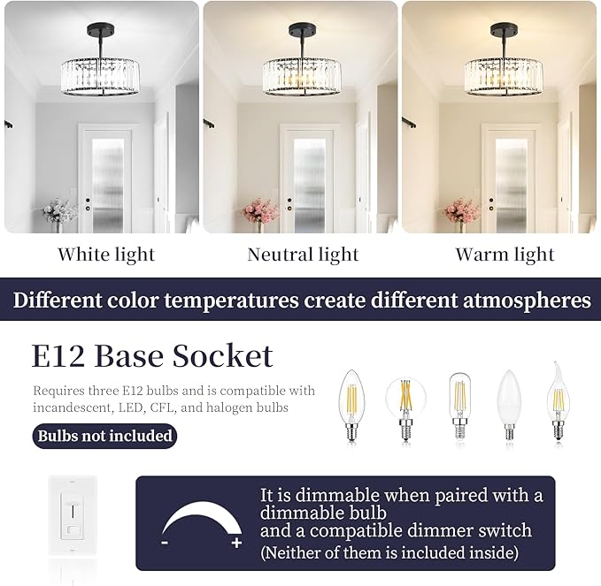 Black Crystal Chandelier for Dining Room,Modern Semi Flush Mount Ceiling Light Fixtures,3-Ligh Round Kitchen Hanging Drum Pendant Light Fixture for Hallway Entryway Foyer Laundry Room, 12''