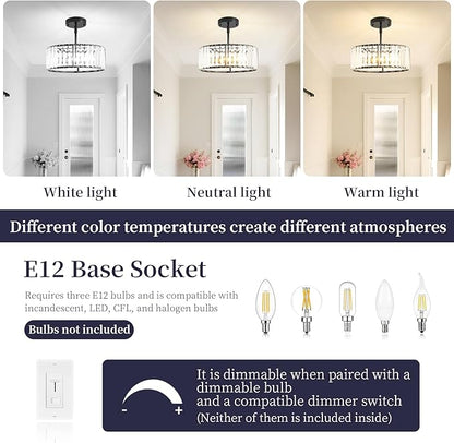 Black Crystal Chandelier for Dining Room,Modern Semi Flush Mount Ceiling Light Fixtures,3-Ligh Round Kitchen Hanging Drum Pendant Light Fixture for Hallway Entryway Foyer Laundry Room, 12''