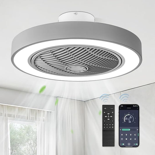 LEDIARY 22in Enclosed Ceiling Fan with Light and Remote, Grey Modern Bladeless Ceiling Fan with Bright Light, Led Flush Mount Ceiling Fans for Bedroom, Living Room, Kid Room(6 Speeds, 3000-6000K)