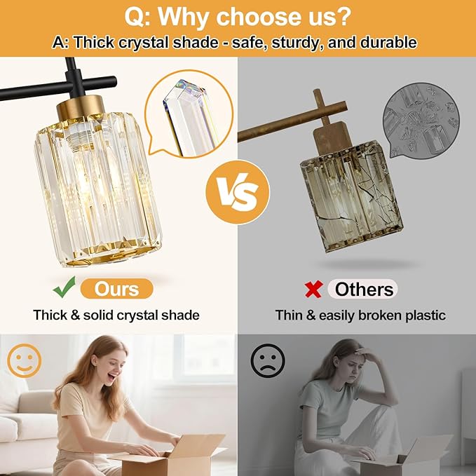 Modern Crystal Bathroom Vanity Light, 3-Light Black & Gold Vanity Lighting Fixture with Clear K9 Crystal Shades, Adjustable Up/Down Installation, E26 Base (Bulbs Not Included)