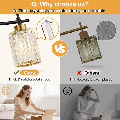 Modern Crystal Bathroom Vanity Light, 3-Light Black & Gold Vanity Lighting Fixture with Clear K9 Crystal Shades, Adjustable Up/Down Installation, E26 Base (Bulbs Not Included)