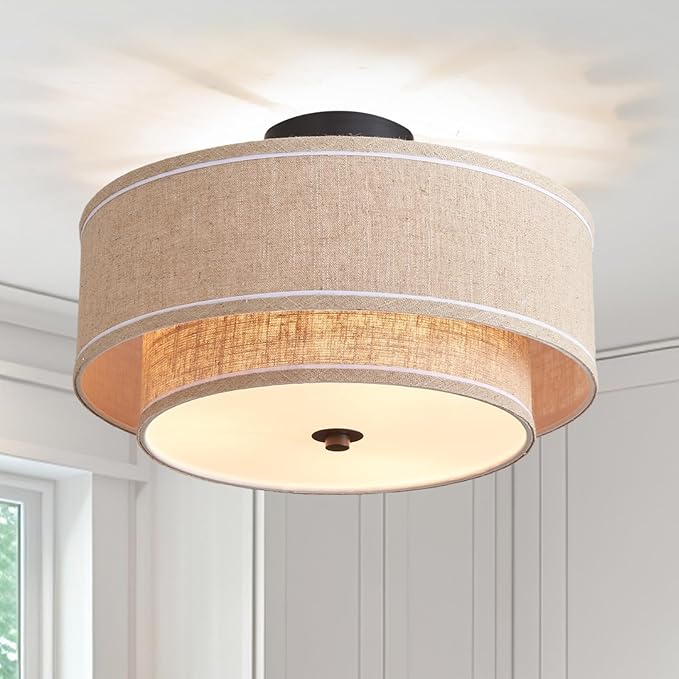 Shrine Lighting Double Drum Ceiling Light, Perfect Drum Light Fixture for Dining Room, D16'' x H7'', E12*3 Sockets, Beige Linen Fabric Lampshade & Black Rod