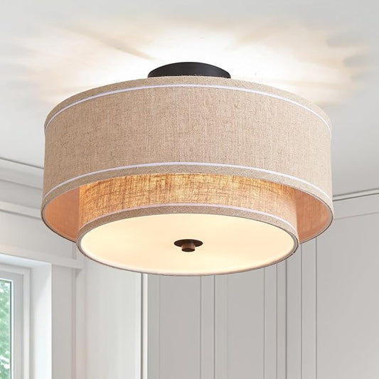 Shrine Lighting Double Drum Ceiling Light, Perfect Drum Light Fixture for Dining Room, D16'' x H7'', E12*3 Sockets, Beige Linen Fabric Lampshade & Black Rod