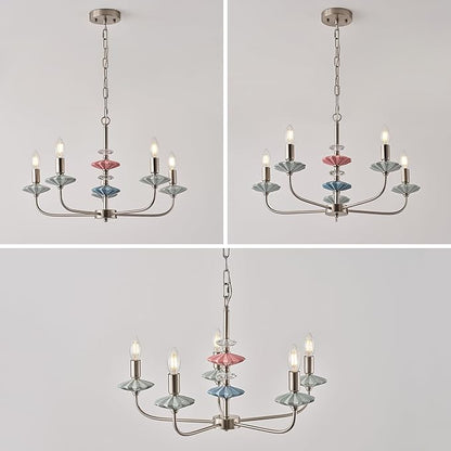 Brushed Nickel Chandeliers for Dining Room Light Fixture ，with Blue Green Ceramic Art Deco Chandelier, Modern Retro Candle Chandelier,Farmhouse Chandelier for Girls Bedroom，Living Room,Foyer