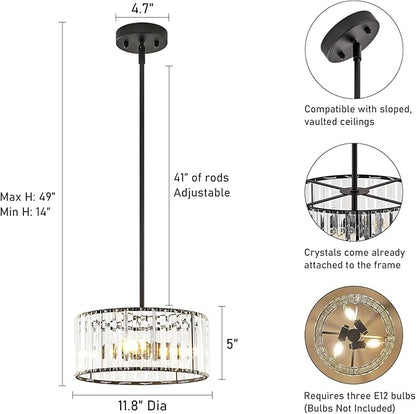 YURNYQ Black Crystal Chandelier, Small Modern Semi Flush Mount Ceiling Chandelier Light Fixtures, Round Hanging Lighting Fixture for Kitchen Bedroom Hallway Entryway Laundry Room, 3-Light, 11.8 Inch