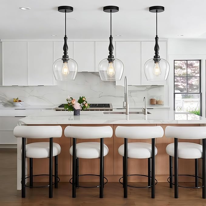 Modern Pendant Light Kitchen Island, Boho Chandelier, 7.87" Bell Shape Hanging Lamp Ceiling Lighting Fixture with Glass Lampshade (Clear)